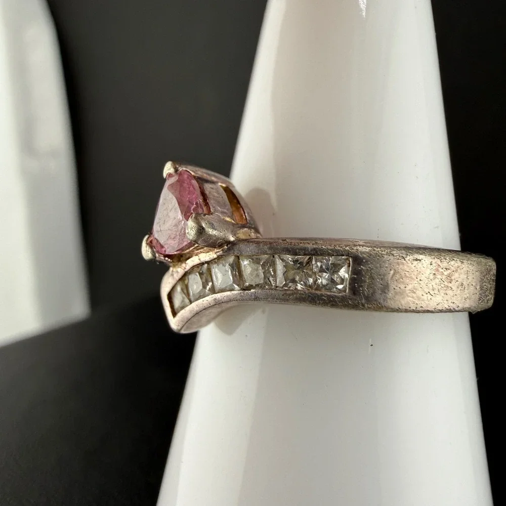 Vintage IBB Ring Pink Heart Trillion Bypass Sterling Silver Size 8.25 READ